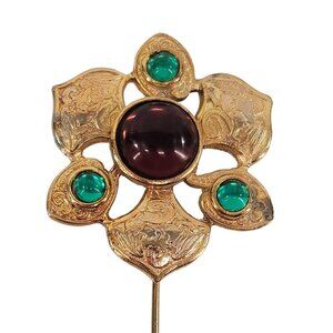 Large Vintage 6" Pin Signed Dauplaise Gold Tone Brooch Purple Green Cabochon